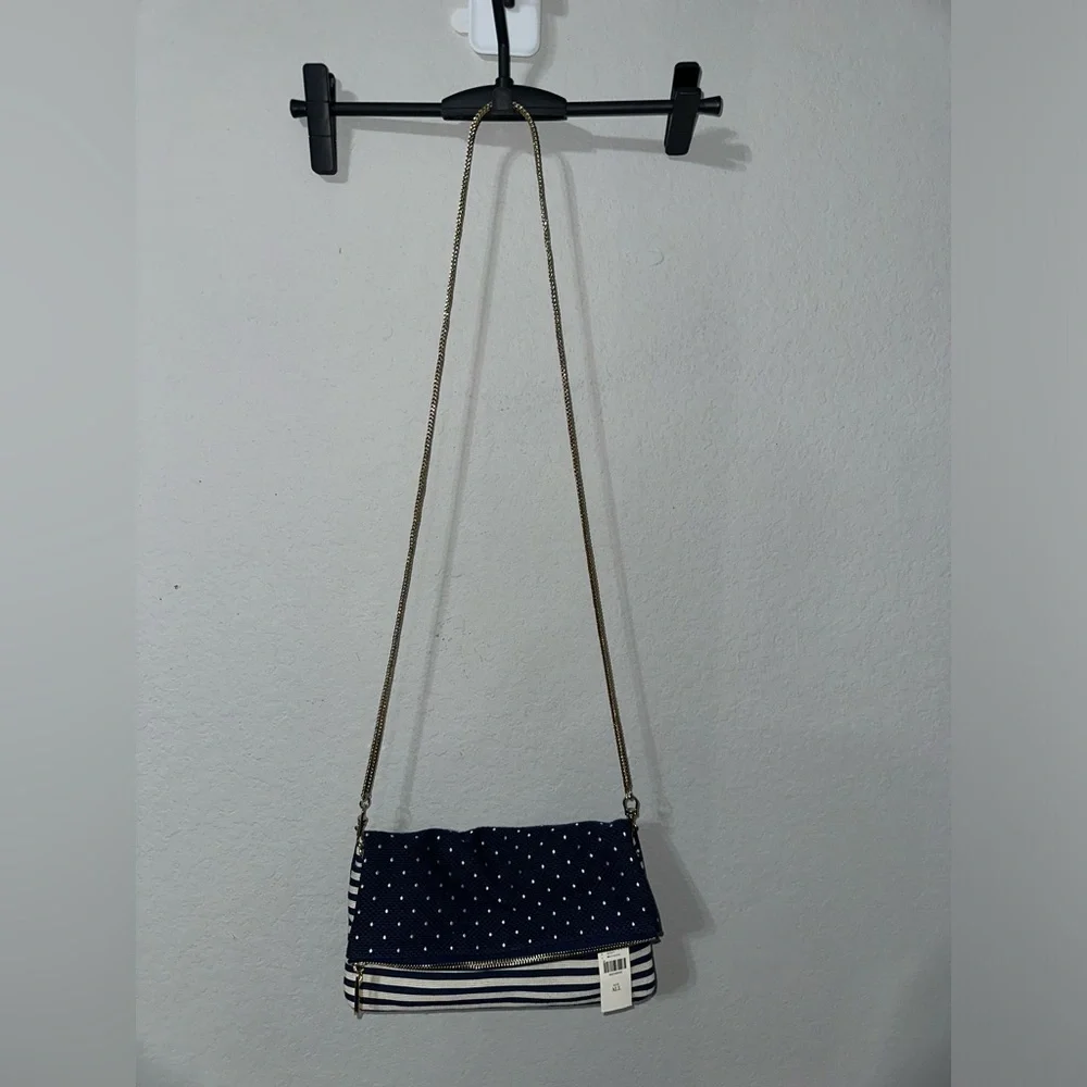 Deux Lux Elsa Fold Over Cross Body Purse Handbag‎ Navy White NWT